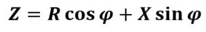 محاسبه امپدانس که در آن R مقاومت اهمی کابل و X راکتانس القایی کابل و cos φ ضریب توان مصرف کننده می‌باشد